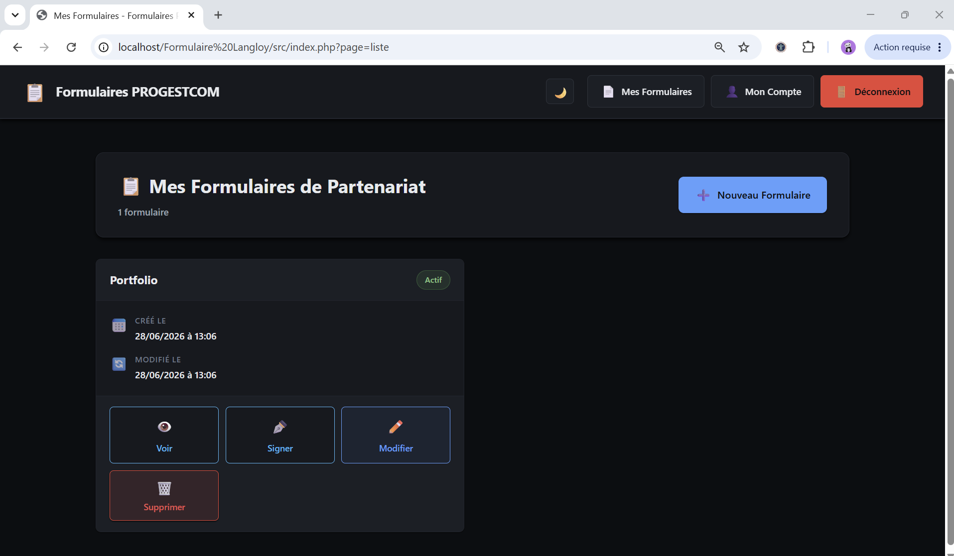 Tableau listant les contrats de partenariat enregistrés, avec les actions disponibles (consulter, éditer, signer, exporter en PDF).