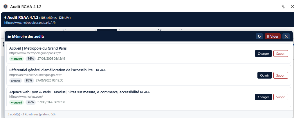 Liste de la mémoire des audits : pages auditées avec leur date et leur taux de conformité.