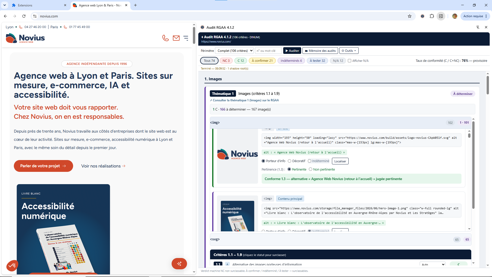 Panneau latéral de l'extension affichant les résultats d'un audit, critère par critère, avec leur verdict.