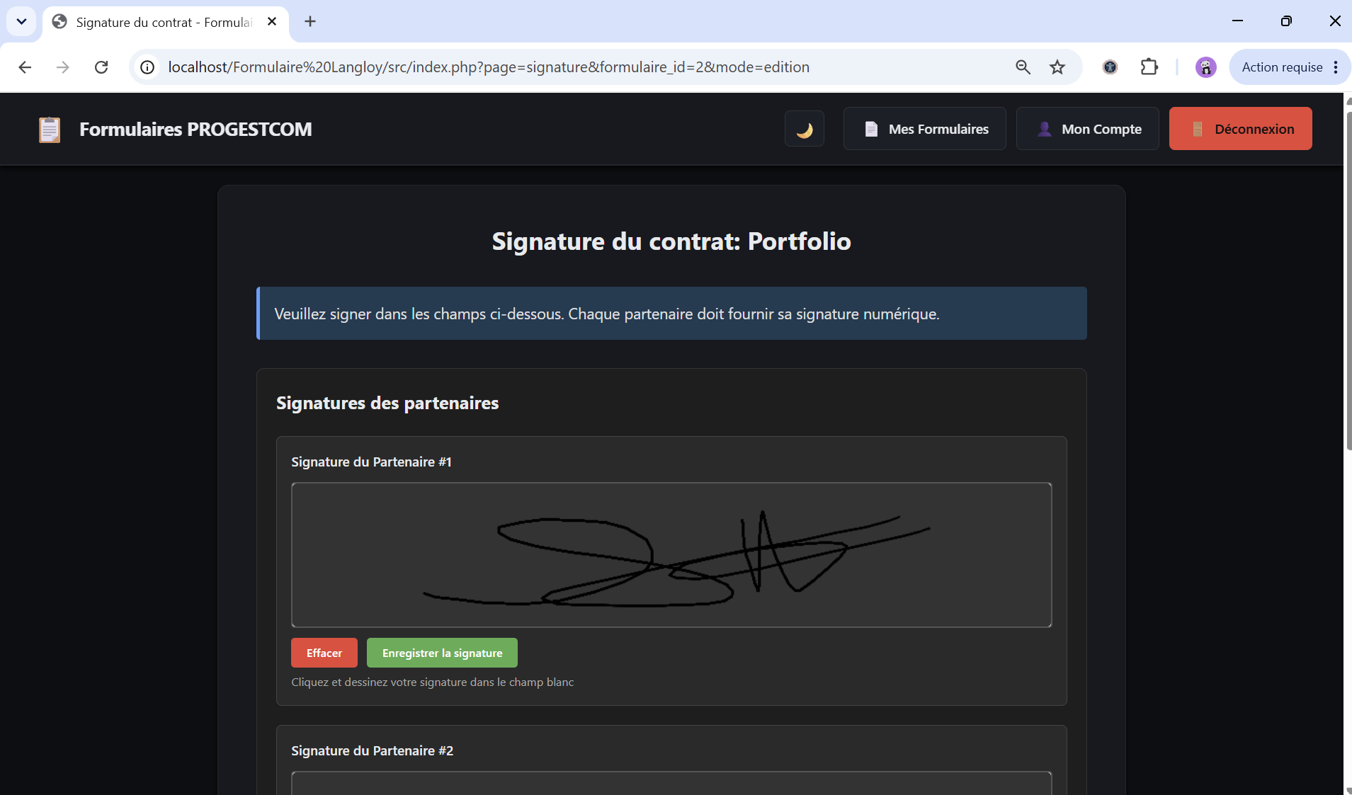 Page de signature électronique : zone de tracé de la signature à la souris ou au doigt avant validation.