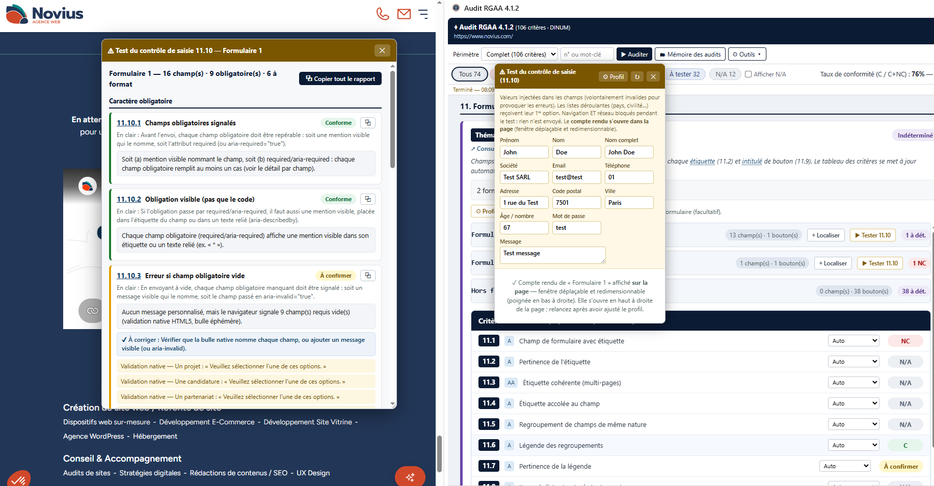 Fenêtre de test du contrôle de saisie d'un formulaire montrant les messages d'erreur observés.